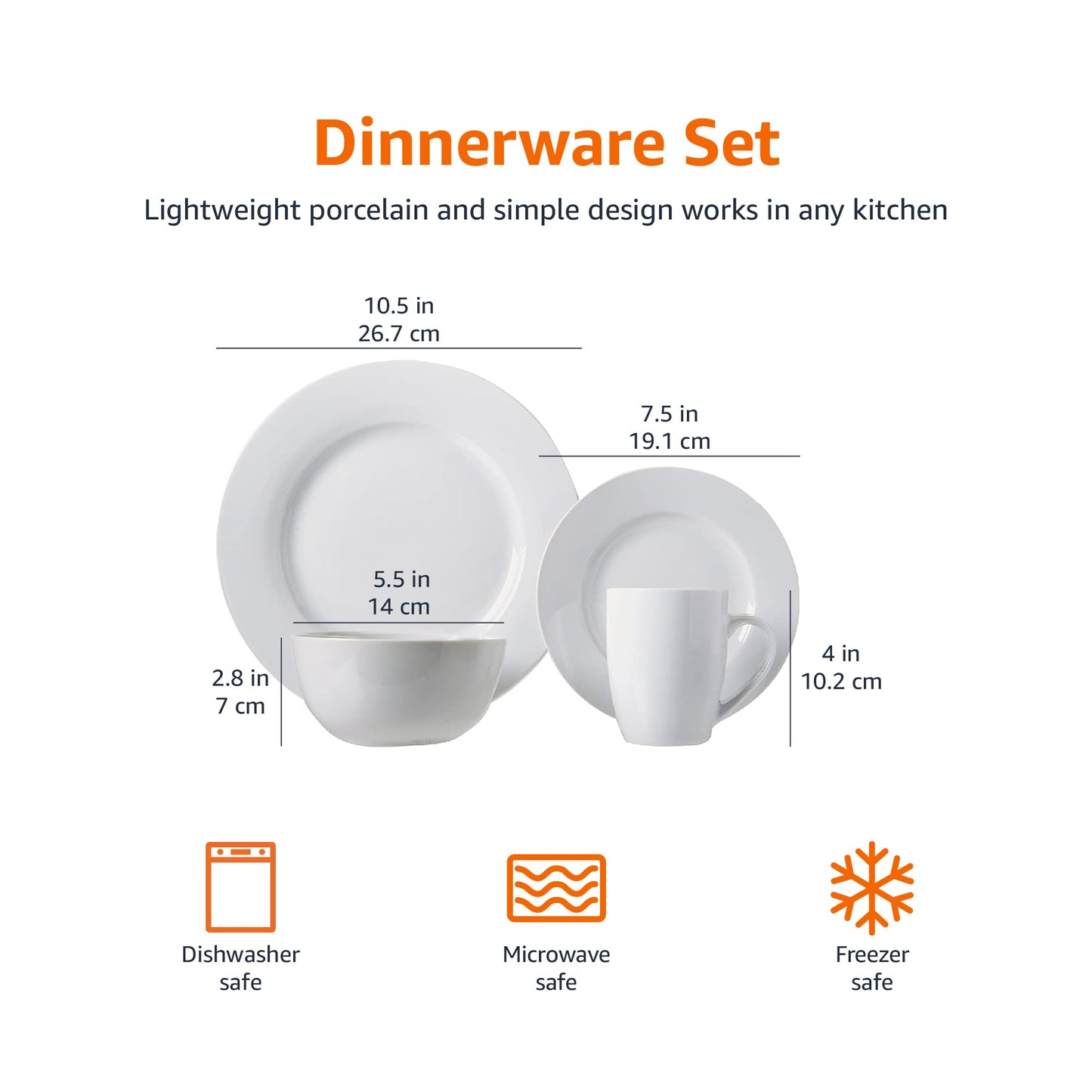 Amazon Basics 16-Piece Porcelain Dinnerware Set, Microwave and Dishwasher Safe, Service for 4, Plates, Bowls and Mugs, White