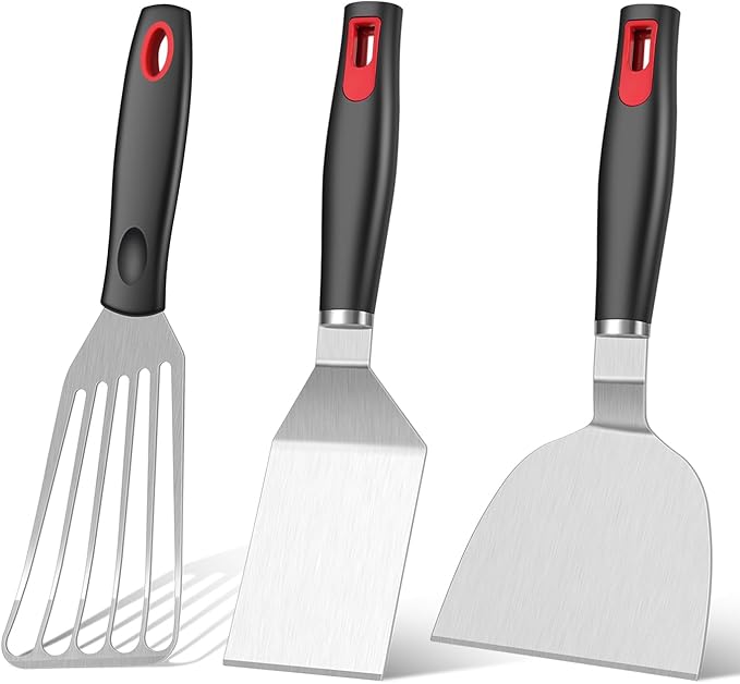 KLAQQED Fish Spatula Set for Nonstick Cookware Flexible Metal Fish Spatula Stainless Steel Small Fish Slotted Spatula Turner with Wood Handle