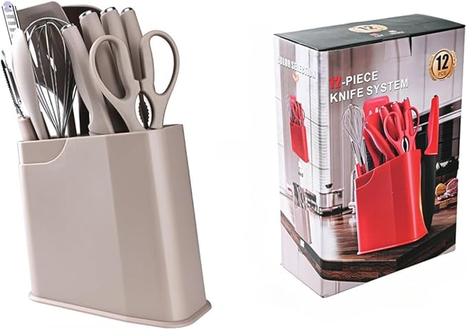 12-Piece Silicone Kitchen Utensil Set with Stainless Steel Knives – Heat-Resistant Spatula, Spoon, Peeler, Non-Scratch Cooking Tools for Frying, Stirring & Daily Cooking (Red)