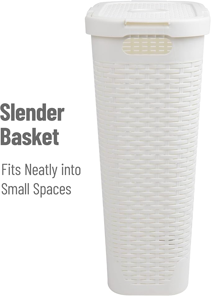 Mind Reader Slim Laundry Hamper with Lid, 40L Clothes Basket, Premium Wicker Design, Plastic, White