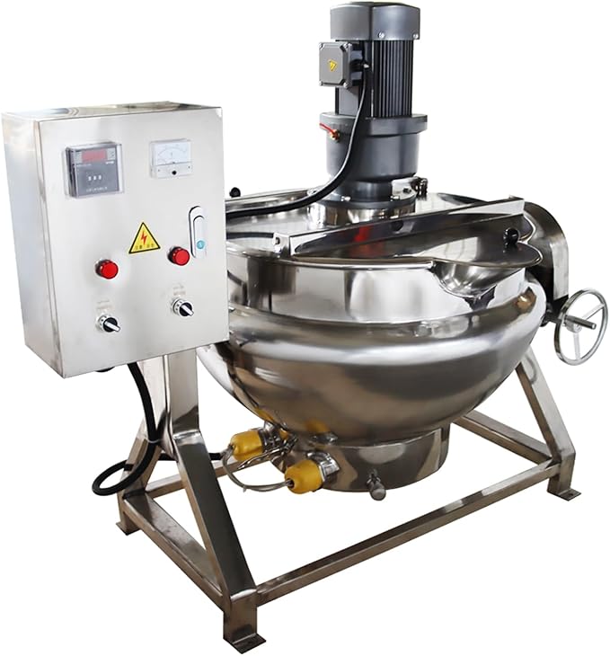BREVELTION 26.5Gallon/100L Jacketed Kettle Large Electronic Tilting Sugar Jam Gas Boiling Machine Commercial Electric Jacketed Pot with Stirring and Edge Scraping 220V 60HZ Three-phase 1100W
