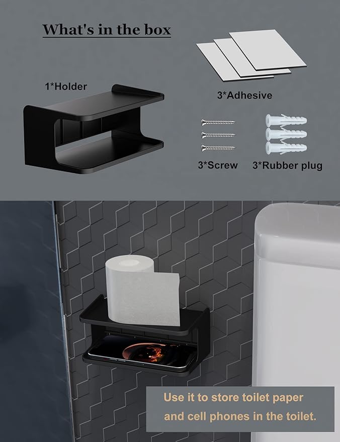Bedside Wall Shelf Organizer Small Bedside Shelf Wall Mount for Bed Universal Stick on Wall Shelf Double Tray Holder for Storing Cellphone, Glasses, Keys, Camera, Alarm Clock (Black)