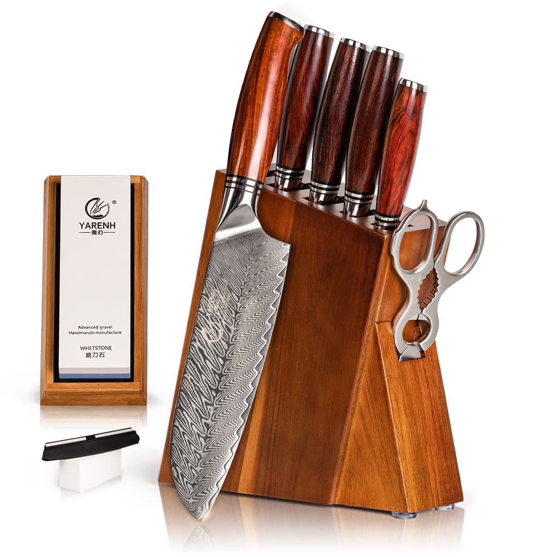 YARENH Knife Set with Magnetic Block 5 Piece, Professional Kitchen Knife Set, 73 Layers Damascus High Carbon Stainless Steel, Natural Sandalwood Handle, Sharp Chef Knife