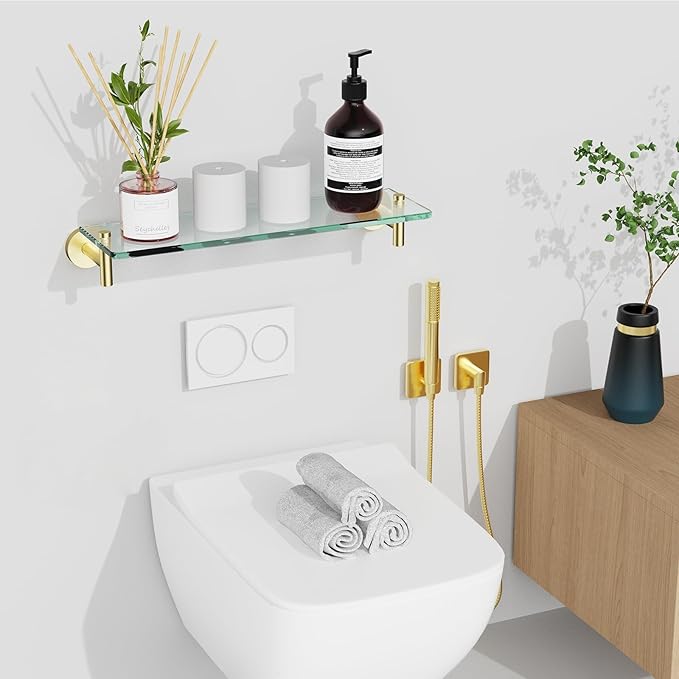 Glass Shelves for Bathroom,16-Inch Brushed Gold Floating Bathroom Shelf Stainless Steel Tempered Glass Shelf Modern Shelves Wall Mounted