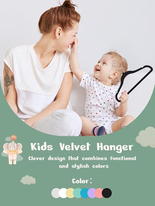 HOUSE DAY 11 Inch Velvet Baby Hangers 50 Pack Black, Premium Kids Hangers for Children/Infant/Toddler Clothes, Durable Non Slip Small Baby Felt Hanger for Closet, Ideal for Everyday Use