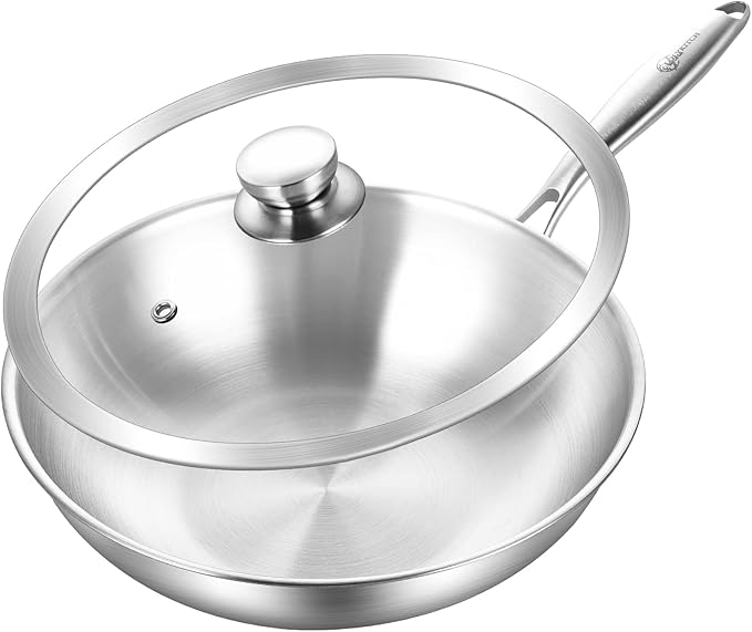 12.5-Inch Tri-Ply Stainless Steel Wok Pan with Lid | Detachable handle