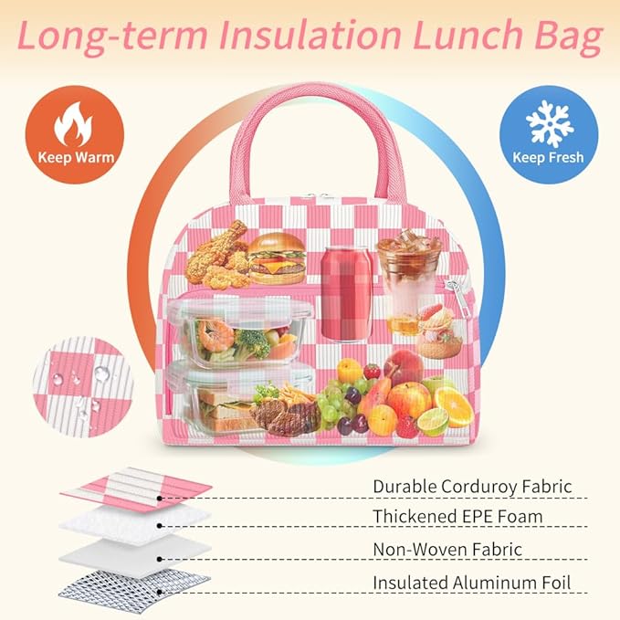Coobiiya Corduroy Lunch Bag Lunch Box for Women Men, Cute Corduroy Lunch Tote Bags Insulated Reusable LunchBox Large Capacity Cooler Bag for Work Travel Picnic Pink