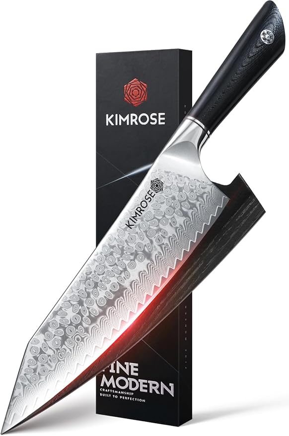 KIMROSE Damascus Knife Set - 3PCS - High-Carbon 10Cr15CoMoV Alloy Steel - Professional Chef Knife - G10 Handle - Razor Sharp Kitchen Knives - Magnetic Sheath - Gift Box