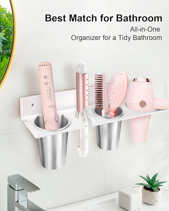 Hair Tool Organizer, Hair Dryer Holder with Heatproof Steel Cups, Acrylic Vanity Organizer for Curling Iron, Flat Iron & Hair Brushes, Perfect for Bathroom (White, Oversized)