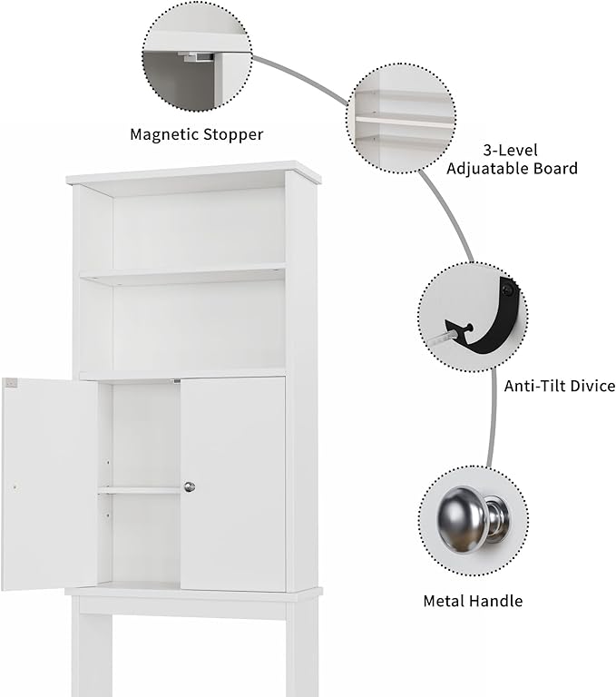 Shintenchi Over The Toilet Storage Cabinet, Bathroom Above The Toilet Rack, Bathroom Adjustable Shelf Organizer with Open Bottom Bar and Anti-Tip Device, White