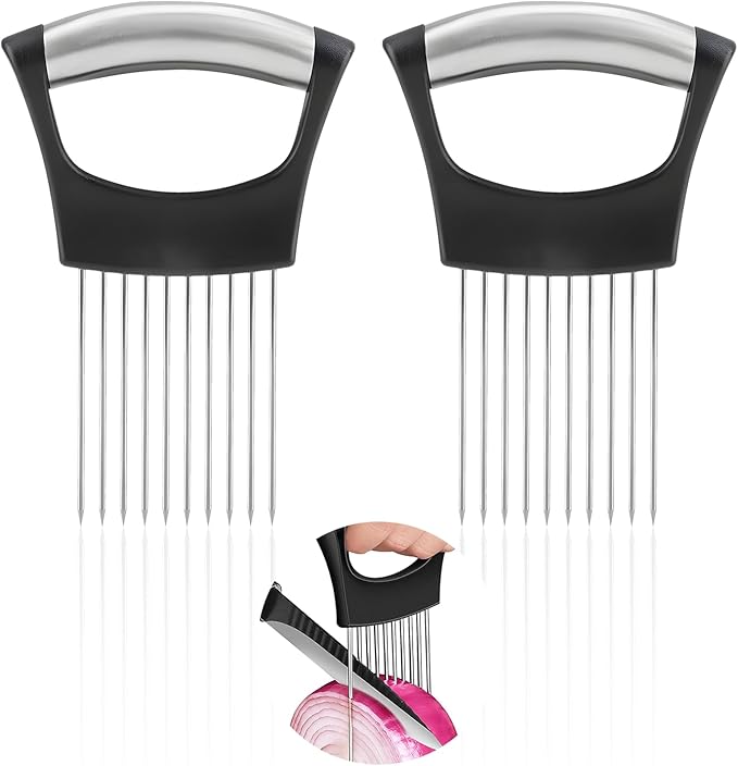 1PC Onion Holder for Slicing, Upgraded Stainless Steel Onion Slicer Holder with Ergonomic Handle, Tomato Cutter, Vegetable Slicing Tool, Meat Tenderizer, Kitchen Food Cutting Gadget