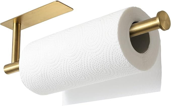theaoo Paper Towel Holder for Kitchen, Adhesive Under Cabinet Paper Towel Roll Rack for Bathroom Towel, Wall Mounted Matte Black, SUS304 Stainless Steel(1, Gold)