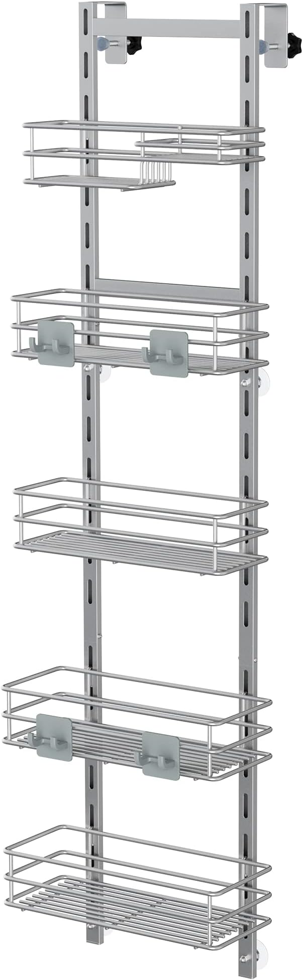Orimade Over the Door Shower Caddy Adjustable 5 Tier Silver Grey,Bathroom Hanging Organizer Shelf Rustproof with 4 Hooks,Shower Basket with Soap Holder and Suction Cup