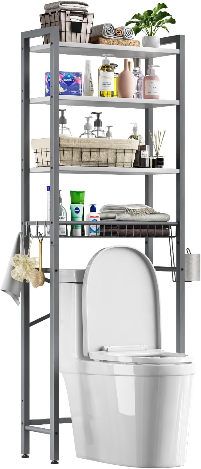 Over-The-Toilet Storage Rack, 4-Tier Bathroom Organizer Shelf Over Toilet with Adjustable Shelf and Basket, Freestanding Space Saver Bathroom Shelves Above Toilet for Room (Gray- White)
