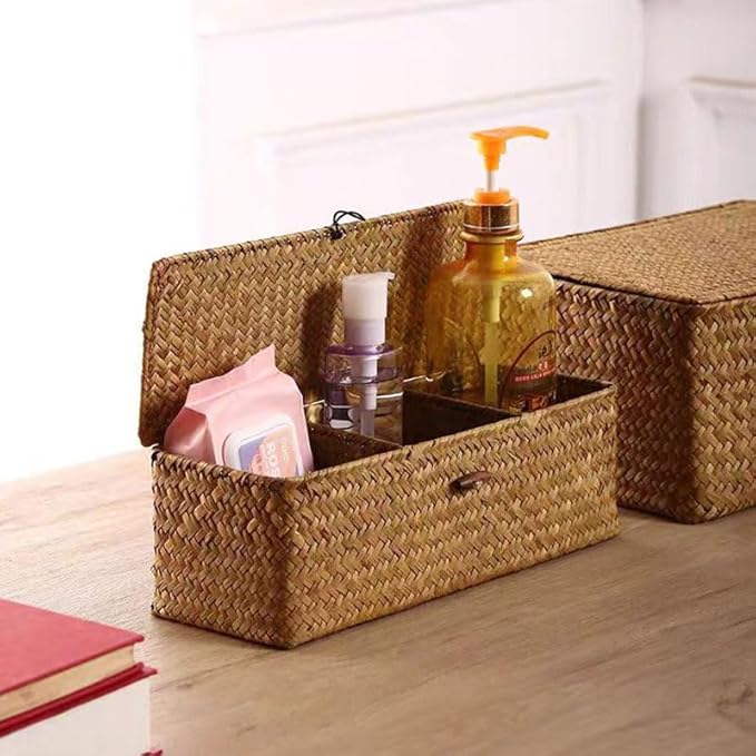 Seagrass Storage Basket for Bathroom - Toilet Tank with Lid, Wicker Woven Narrow Basket for Organizing (13" x 5" x 4.3")