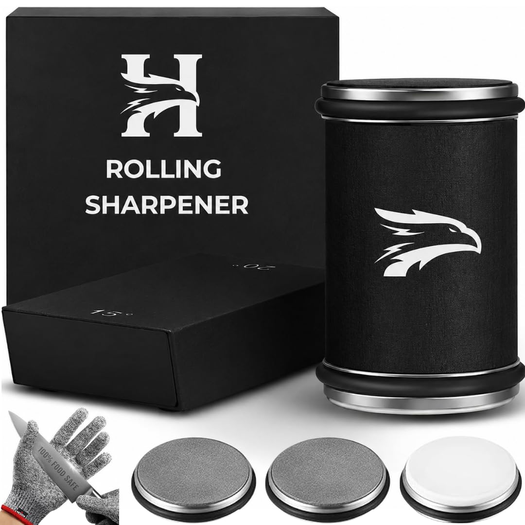High Carbon Stainless Steel Rolling Knife Sharpener with 400, 1000 & 3000 Replacement Discs - Blunt Knife Sharpening Kit with 15 and 20 Degree Sharpening for Kitchen & Chef's Knives