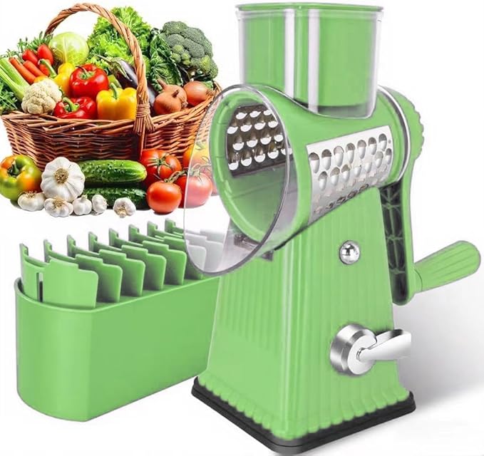 YHBRAK Rotary Cheese Grater with 5 Well-designed Blades & Strong Suction Base, Kitchen Mandoline Vegetable Slicer with Blade Storage Box(Off-white)