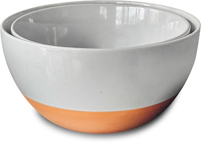 MORA Ceramic Large Mixing Bowls - Set of 2 Nesting Bowls for Cooking, Serving, Popcorn, Salad etc - Microwavable Kitchen Stoneware, Oven, Microwave and Dishwasher Safe - Extra Big 5.5 & 3.6 Qt - Grey