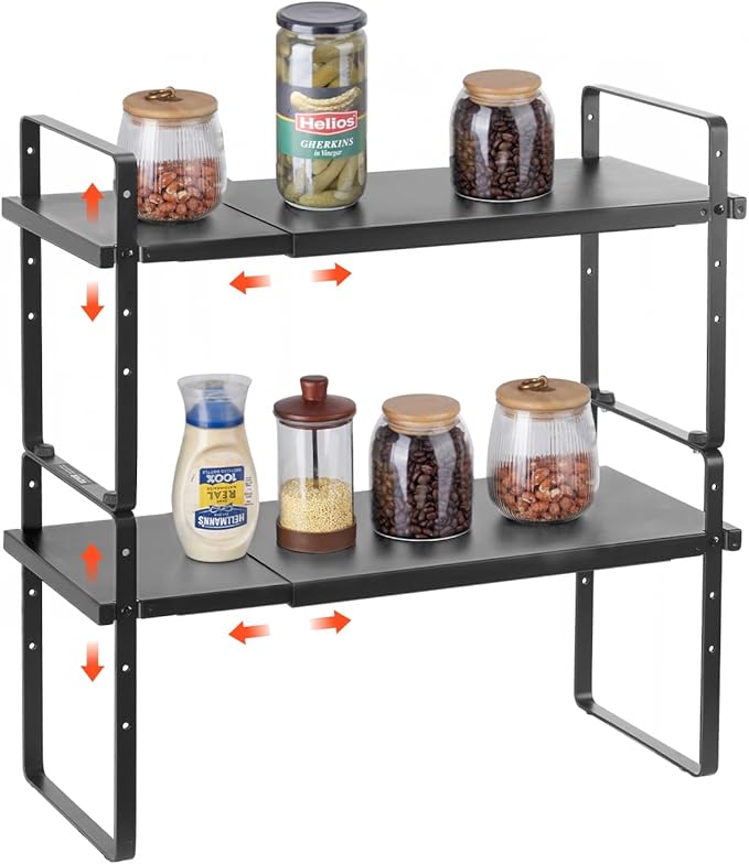 VEVOR Adjustable Kitchen Cabinet Shelf Organizer, Expandable 2 Tier Cabinet Shelf, Stackable Countertop Organizers and Storage Risers, Pantry for Kitchen Bathroom Office, White