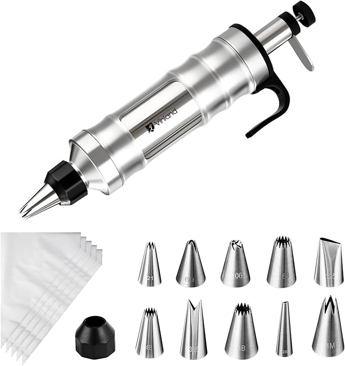 Dessert Decorating Syringe Set Icing Piping Kit Frosting Piping Kit Stainless Steels Cake Decorating Kit with 10 food grade stainless steel piping tips & 50 Disposable Piping Bags Yellow