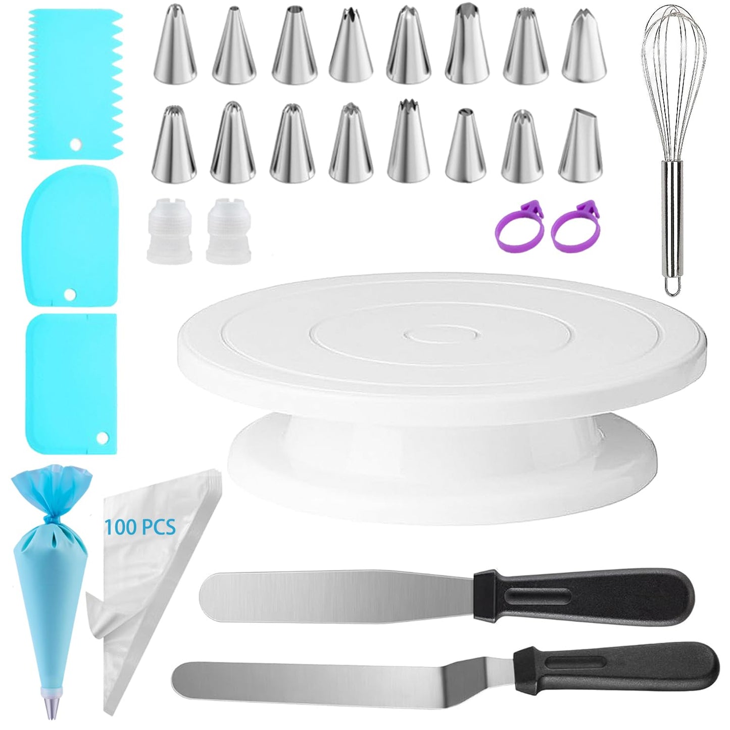 11 Inch Revolving Cake Stand Turntable, Cake Decorating Kit with 24 Icing Piping Tips, 3 Scrapers, 2 Spatulas, 1 Coupler and 1 Reusable Piping Bag, Baking Supplies for Beginners and Cake Lovers