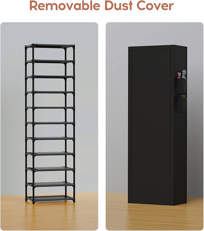 VTRIN Vertical Narrow Shoe Rack Organizer 10 Tier Tall Shoe Shelf Holds 20-22 Pairs with Non-Woven Dustproof Cover for Closet, Entryway Black