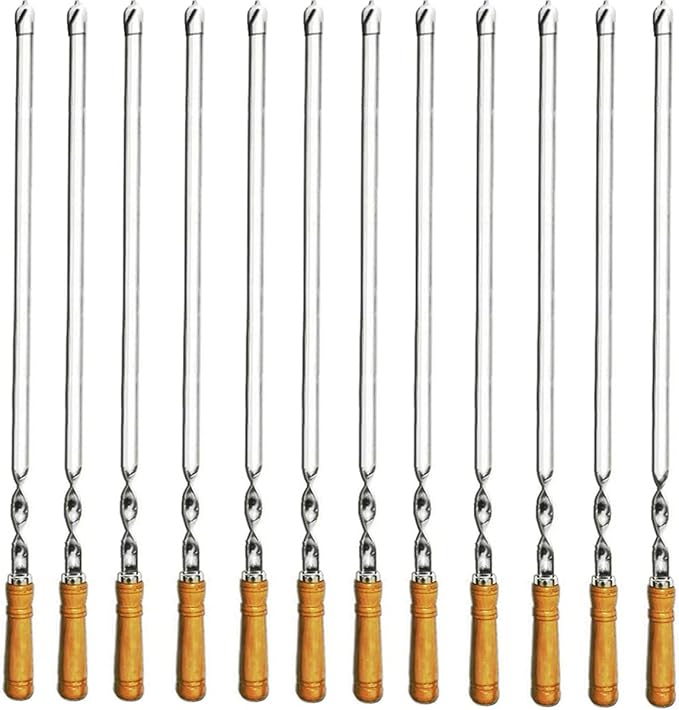Amestar 12 Pack Kabob Skewers BBQ Barbecue Skewers Stainless Steel Sticks 23.5 Inch Heavy Duty Large Wide Reusable with Nonslip Wooden Handle Ideal for Shish Kebab Chicken Shrimp and Vegetables