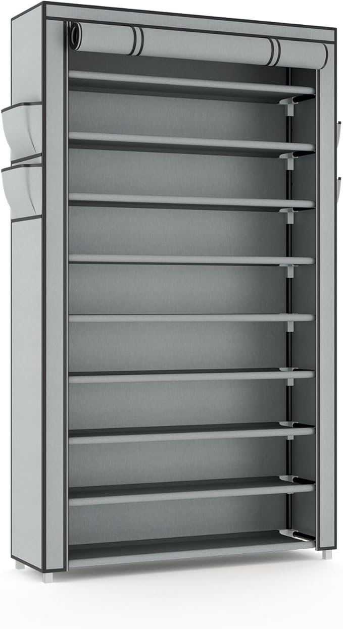 Shoe Rack with Cover Wide Shoe Organizer with Pockets 10 Tier Tall Shoe Storage Holds 50-55 Pairs Shoes and Boots Shoe Rack for Closet Entryway Garage, Grey