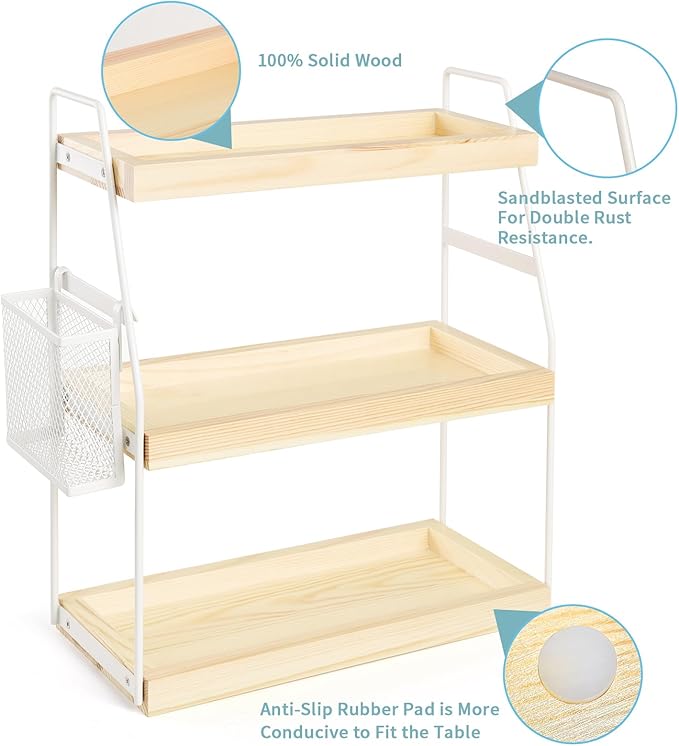 Bathroom Counter Organizer, 3-Tier Standing Storage Shelf with Basket, Wood Tray for Skincare Vanity Organizer(White)