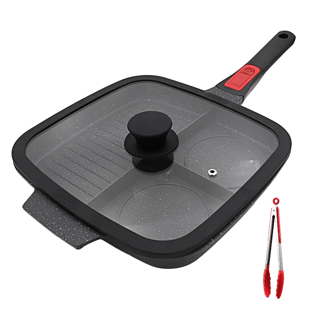 Bobikuke 3 in 1 Grill Pan for Stove Tops with Detachable Handle, Nonstick Versatile Griddle Divided Pan, Square Skillet PFOA Free, Black