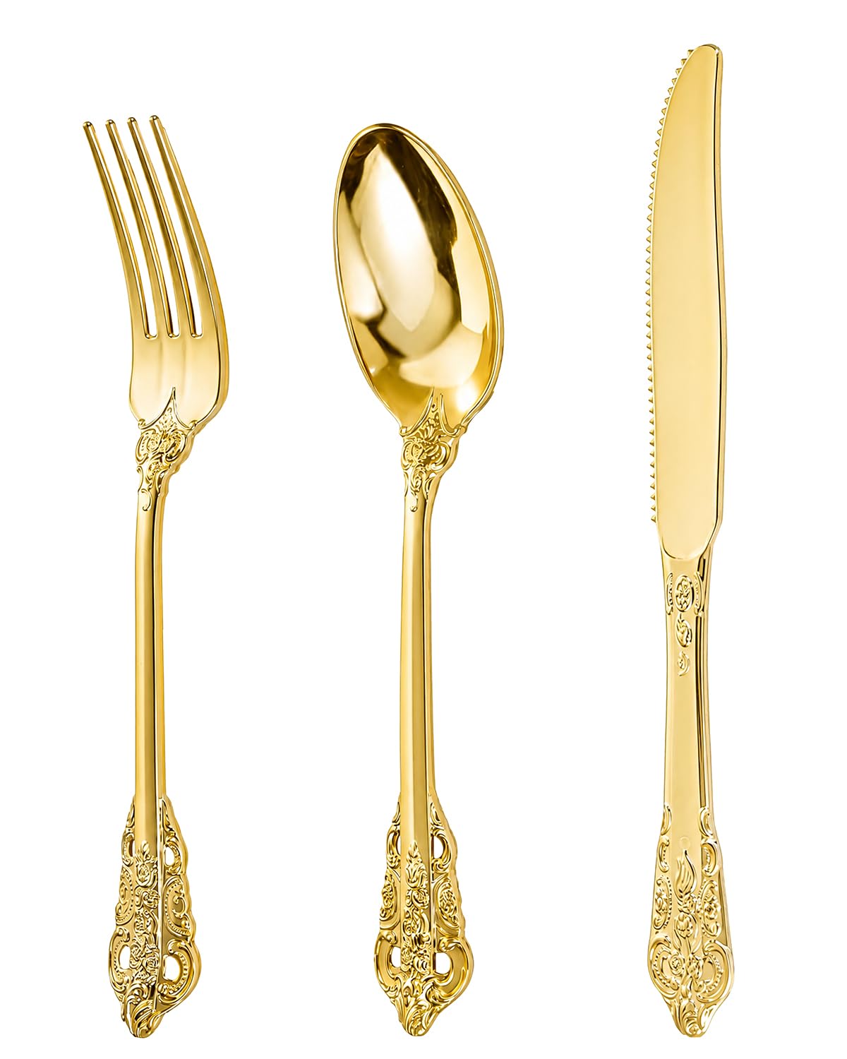bUCLA HEAVYWEIGHT 300PCS Gold Plastic Silverware Disposable - Extra Heavy Duty Plastic Cutlery - Gold Disposable Utensils Set - Include 100 Knives, 100 Forks, 100 Spoons for Party & Special Moments