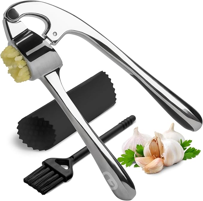 Garlic Press Crusher & Mincer – Easy Squeeze Ergonomic Handle, Heavy Duty Zinc Alloy, Dishwasher Safe, Includes Peeler & Cleaning Brush – Garlic Ginger Crusher Tool (Black)