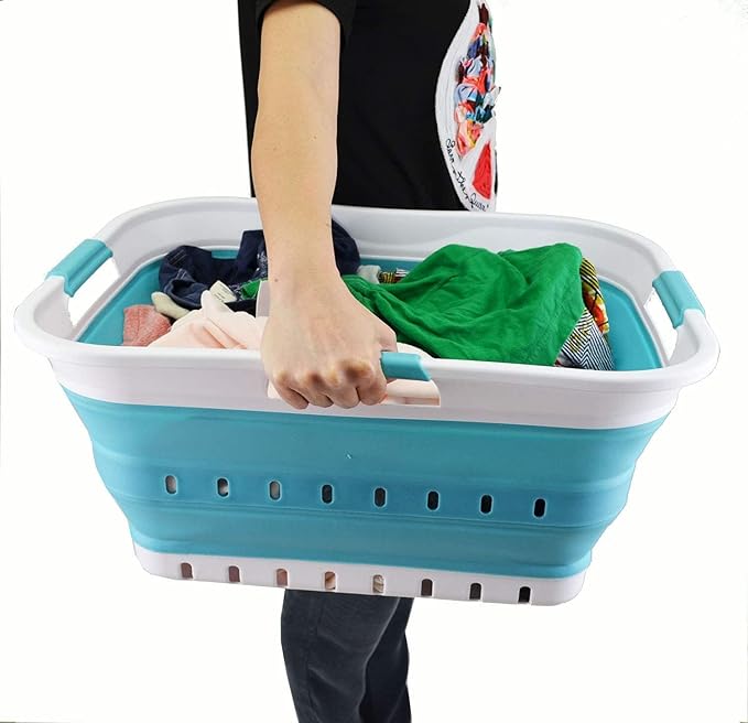 SAMMART 42L Collapsible Plastic Laundry Basket - Foldable Pop Up Storage Container/Organizer - Space Saving Hamper/Basket (1, White/Bright Blue)
