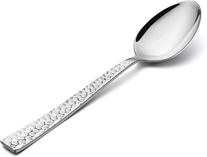 E-far Hammered Dinner Spoons Set of 6, 7.9 Inch Stainless Steel Soup Spoons Tablespoons for Home, Kitchen or Restaurant, Non-toxic & Mirror Polished, Squared Edge & Dishwasher Safe