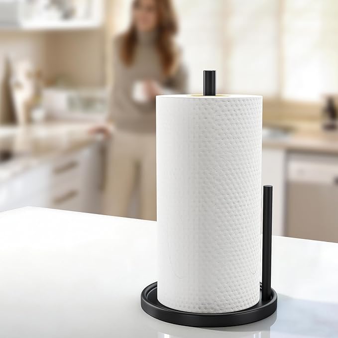 Paper Towel Holder Countertop, Black Kitchen Paper Towels Holder, Paper Roll Holder with Weighted Base