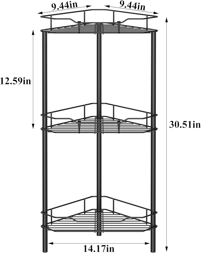 3 Tier Floor Standing Corner Shower Caddy Organizer Shelf with Hooks, Bathroom Shelves Stand Rack, Black