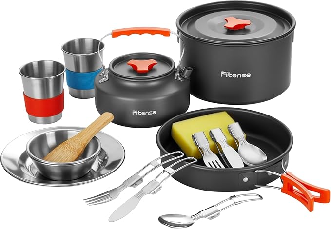 Fitense 21Pcs Camping Cookware Mess Kit for 2, Lightweight Camping Kitchen Pots and Pans Set, Portable Cooking Essentials for Backpacking, Hiking and Picnic