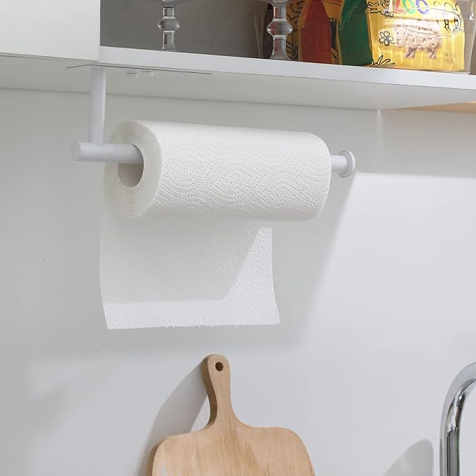 theaoo White Paper Towel Holder - Under Cabinet Paper Towel Holder for Kitchen, Adhesive Paper Towel Roll Rack for Bathroom Towel, Wall Mounted Matte Black Paper Towel Rack, SUS304 Stainless Steel
