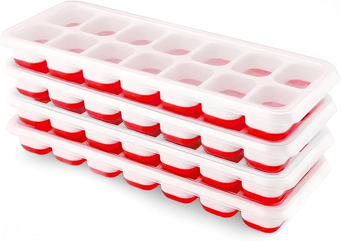 Ice Cube Trays 4 Pack, Airabc Silicone with Removable Lid, Easy-Release Flexible 14-cube Trays, LFGB Certified and BPA Free, Stackable Covers for Cocktail, Freezer