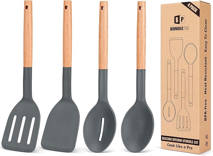 Pack of 4 Silicone Cooking Utensils Set, Non Stick Solid Spatulas and Heat Resistant Slotted Spoons with Wooden Handle, Ideal Wood Kitchen Utensils Set for Frying,Serving,Turning,Stirring (PINK)