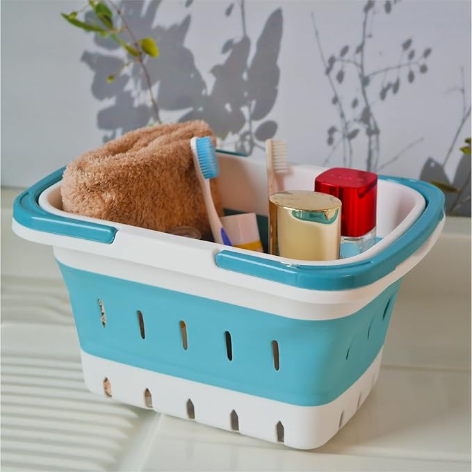 Portable Folding Plastic Bath Caddy with Handle, Perforated, Travel Bathroom Organizer for Bedroom, Bathroom, Shower, Dorm Room, Camping and RV Use (Orange, 1 pack)