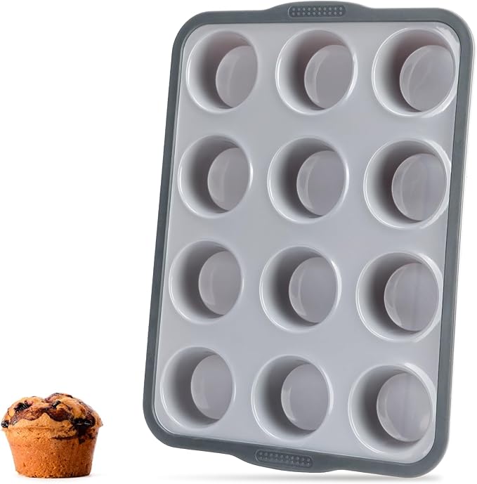 Aichoof Non-Stick Silicone Muffin Pan With Reinforced Stainless Steel Frame Inside,12 Cup Regular Muffin Baking Mold, 12 Cup Muffin Tin, BPA Free,Dishwasher Safe, Blue