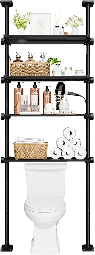Bonpally Over The Toilet Storage Shelf, 4-Tier Adjustable Bathroom Organizer, No Drill Tension Mounted Shelves, Space-Saving Bathroom Cabinet Rack Above Toilet for Small Rooms, Black