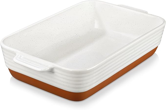 MALACASA Large 9x13 Ceramic Baking Dish with Handles, 4.8 Qt, Khaki & Pink