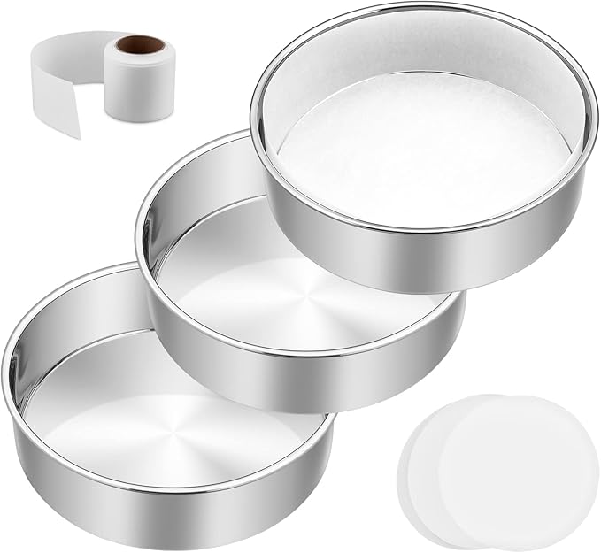 8 Inch Cake Pan Set of 3, E-Far Stainless Steel Round Layer Cake Baking Pans with Parchment Rounds & Side Liner Roll, Non-Toxic & Healthy Metal Cakes Tin, Straight Side & Dishwasher Safe