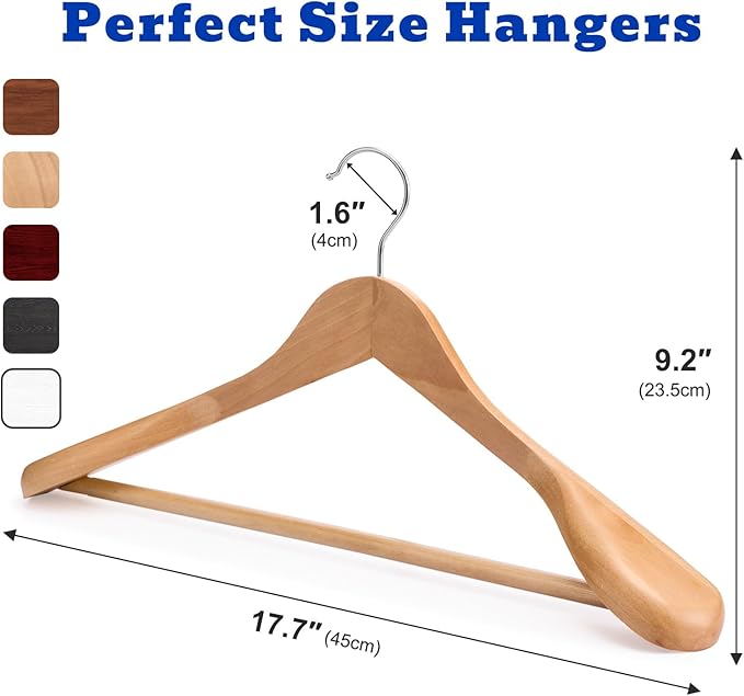 HOUSE DAY Wide Shoulder Wooden Hangers 12 Pack, Wood Suit Hangers for Men with Non Slip Pants Bar, Smooth Finish Solid Wood Coat Hanger for Jacket, Pants, Dress, Heavy Clothes Hangers (Natural)