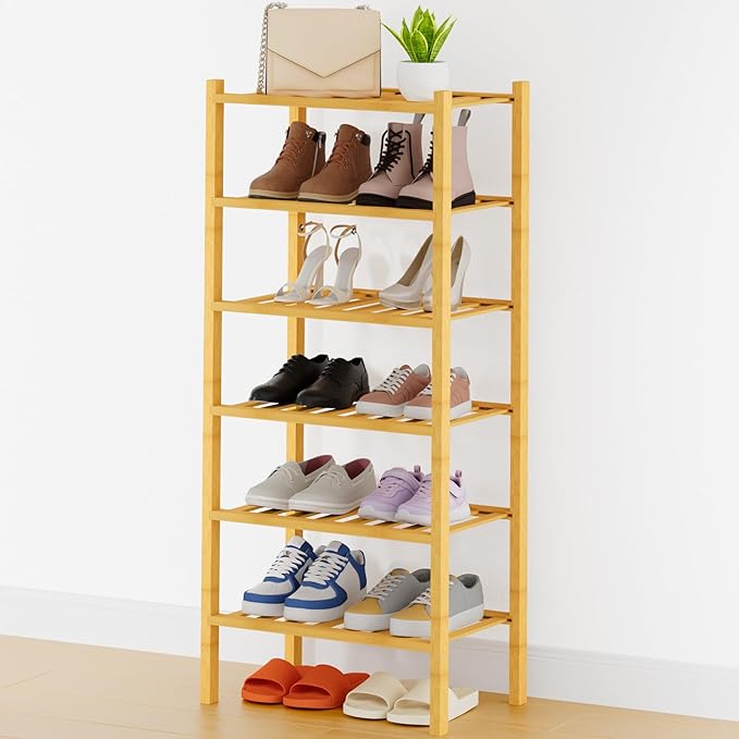 Smiry Shoe Rack, 6 Tier Thick Small Bamboo Shoe Organizer, Stackable Free Standing Wooden Shoe Storage Shelf for Closet, Entryway, Front Door Entrance, Natural
