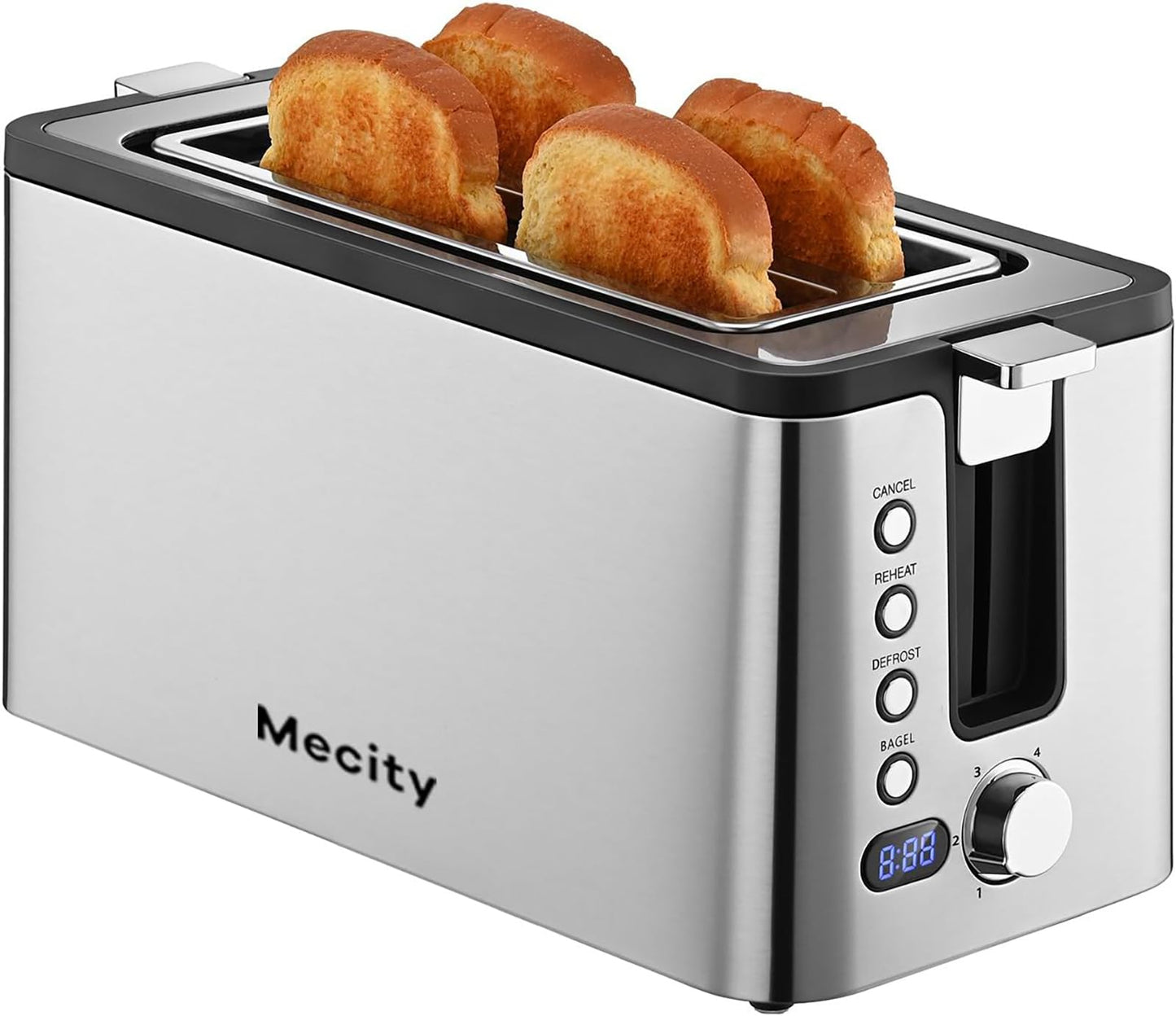 Mecity Toaster 2 Slice Stainless Steel Body, Timer, Bagel, Defrost, Reheat, Cancel Functions, Warming Rack, Removable Tray, 6 Browning Settings, Extra Wide Slots, Bread Toaster 800W
