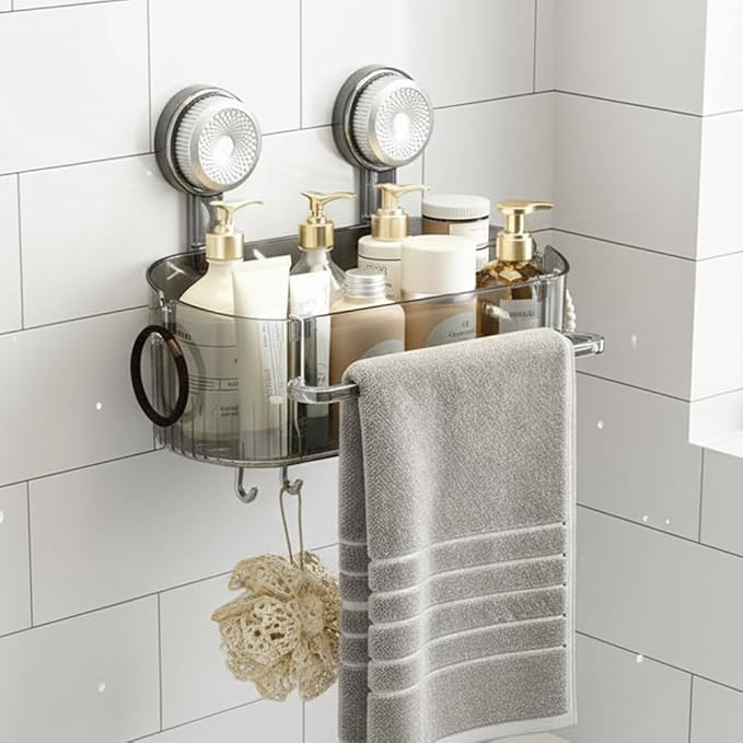 No-Drill Bathroom Suction Storage Box, 2026 Upgrade Removable Bathroom Hanging Suction Storage Box, Corrugated Suction Cup Storage Holder for Home, Bathroom Shower Caddy (Transparent)