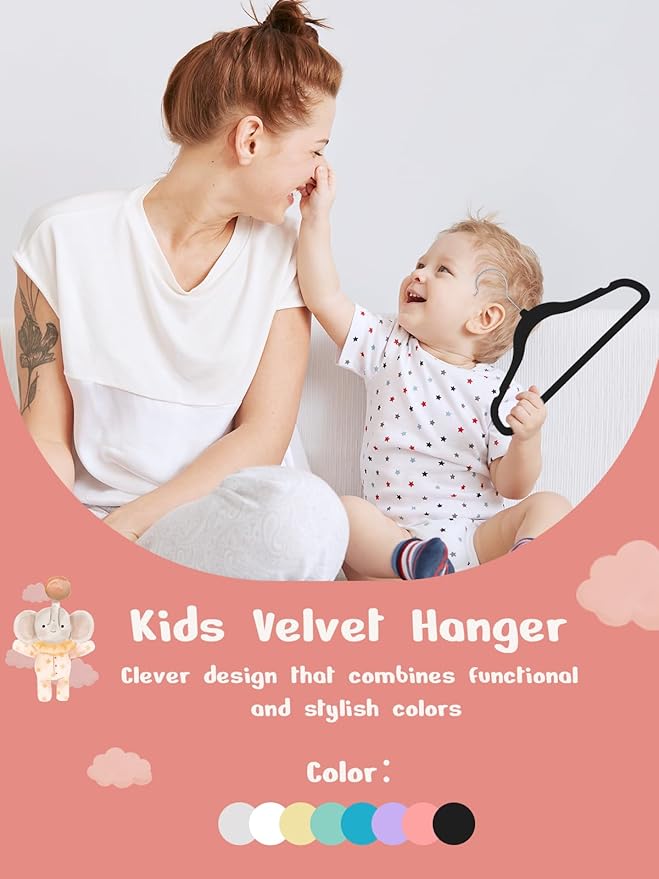HOUSE DAY 11 Inch Velvet Baby Hangers 100 Pack Black, Premium Kids Hangers for Children, Infant & Toddler Clothes, Durable Non Slip Small Baby Felt Hanger for Closet, Ideal for Everyday Use